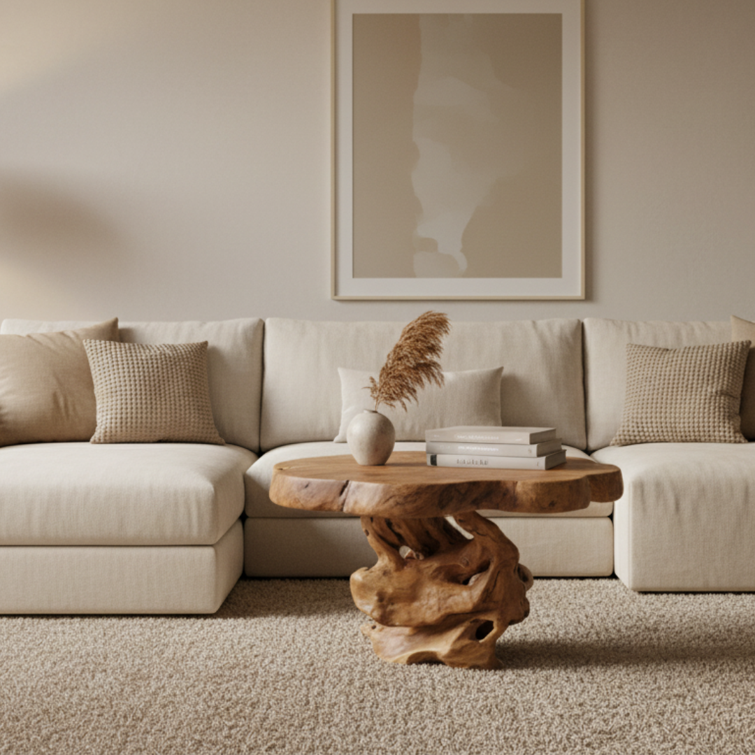Style 1 Wooden table with natural, organic design set in a lounge room with beige lounge 