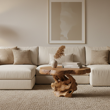 Style 1 Wooden table with natural, organic design set in a lounge room with beige lounge 
