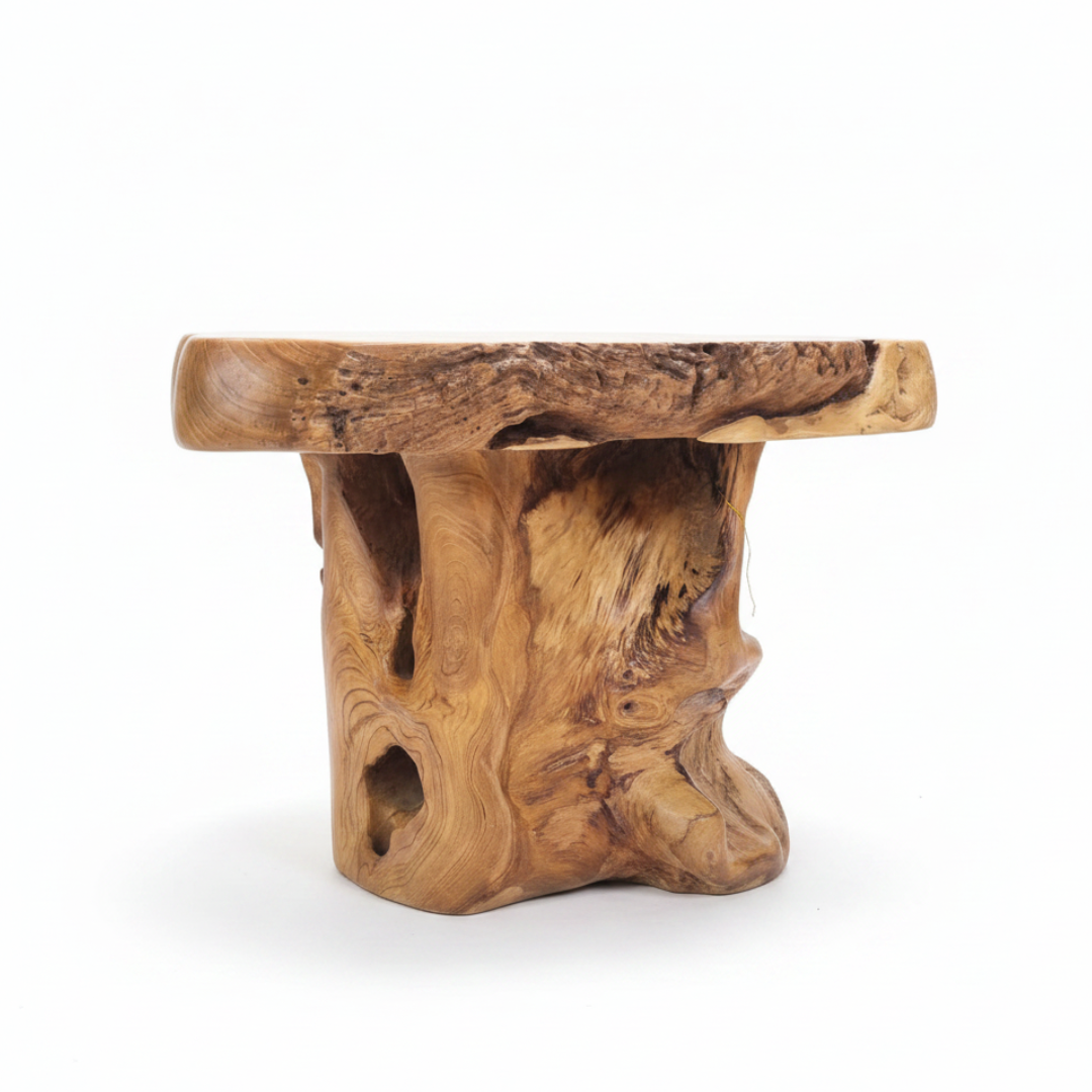 Wooden stool with natural bark texture on a white background