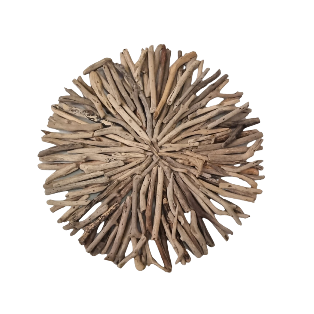 Round driftwood wall art sculpture Style 2 — natural driftwood sticks arranged in a radiating starburst pattern, 50x50cm — rustic boho wall decor by Azure Decor