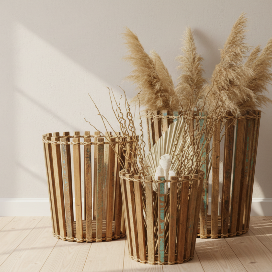 Three wooden baskets with decorative plants on a wooden floor.