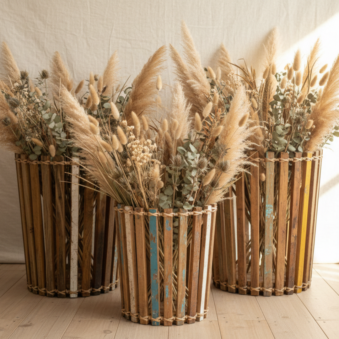 Decorative dried plants in rustic wooden baskets on a light wooden floor.