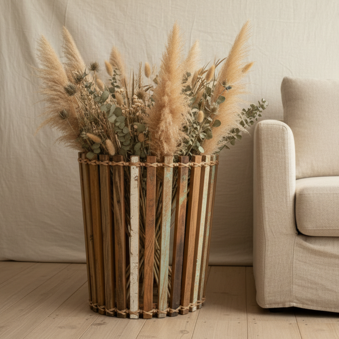 Decorative basket with dried plants on a wooden floor next to a sofa.