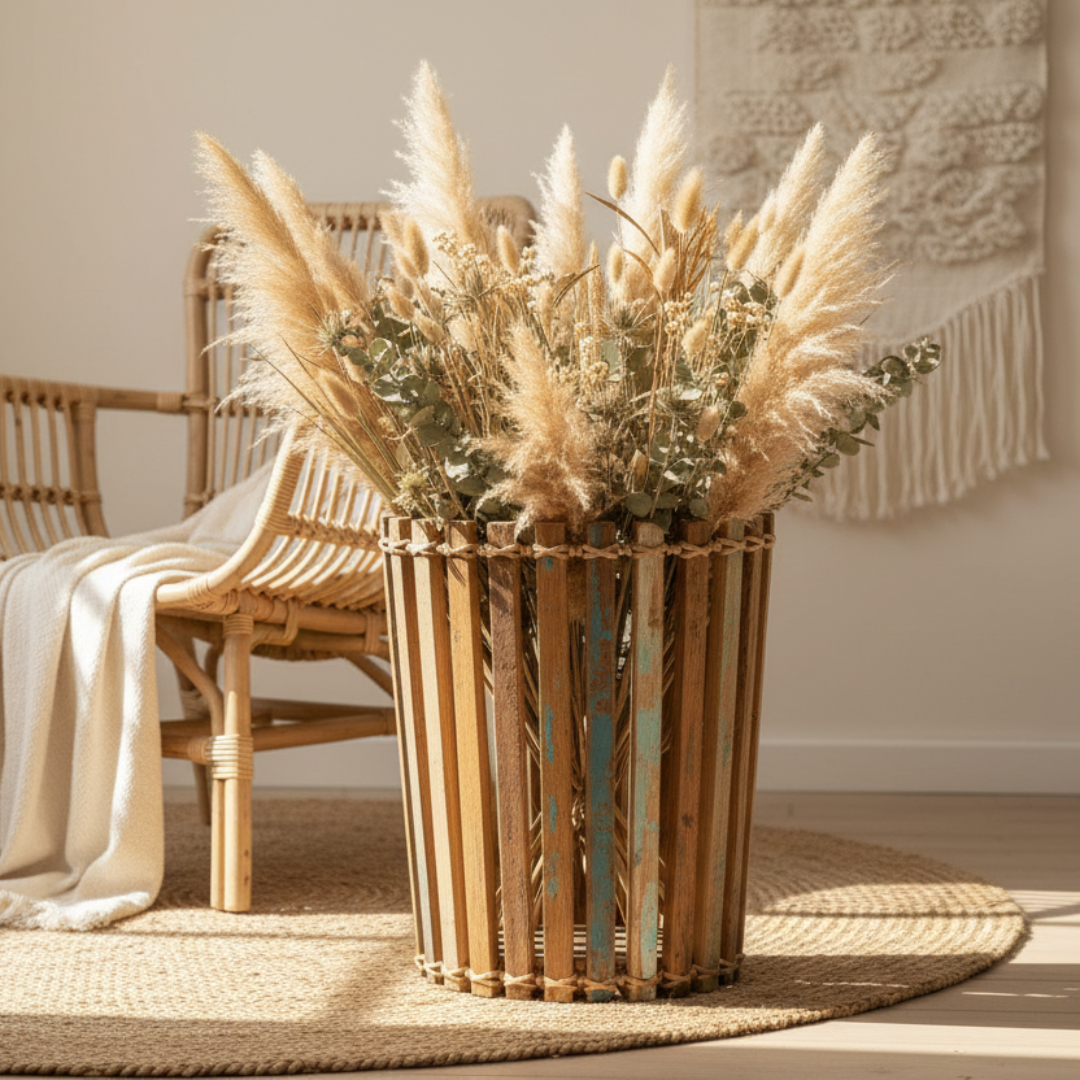 Bamboo basket with dried pampas grass and eucalyptus on a wooden floor.