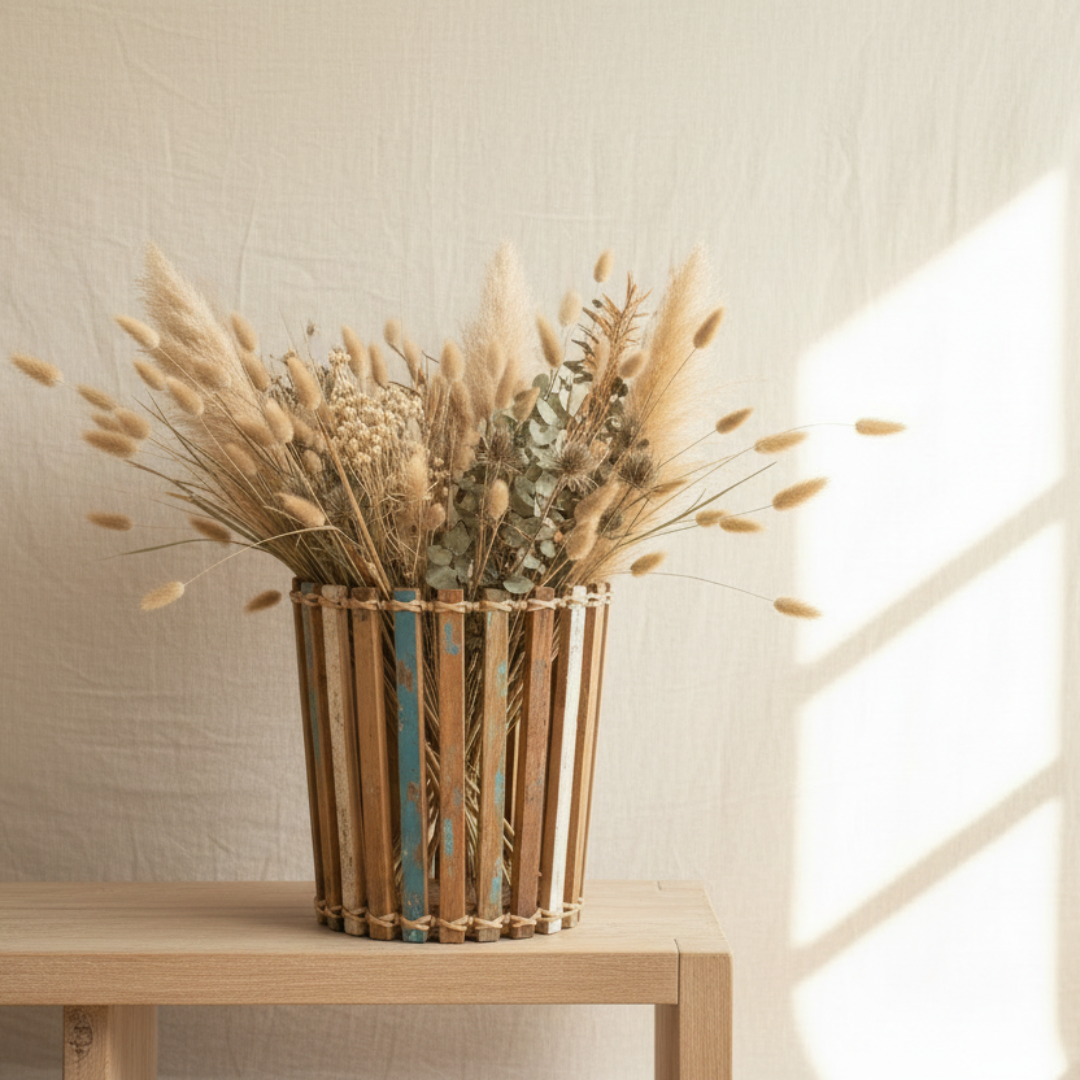 Bouquet of dried flowers in a wooden basket on a wooden table with a neutral background