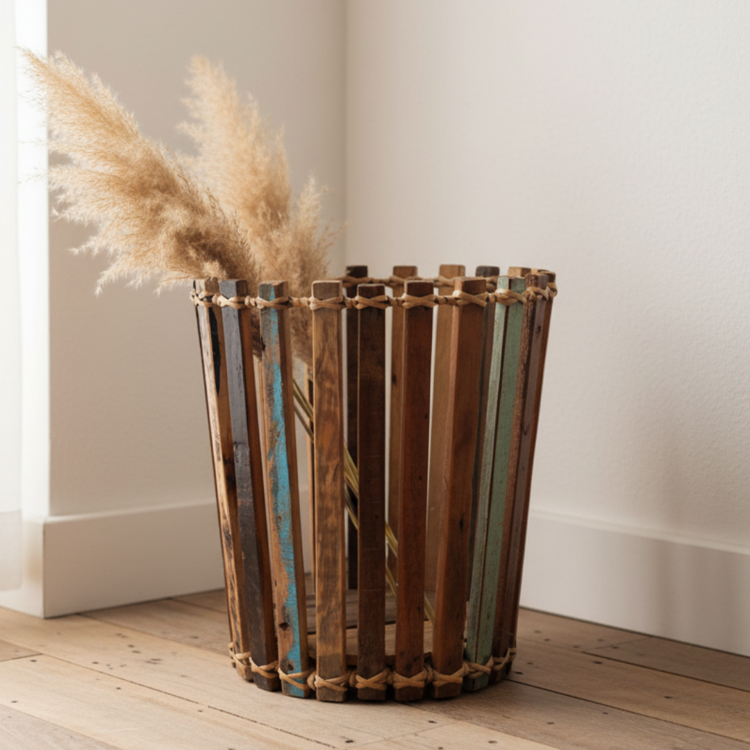 Decorative boatwood pot with striped design and pampas grass on a wooden floor.