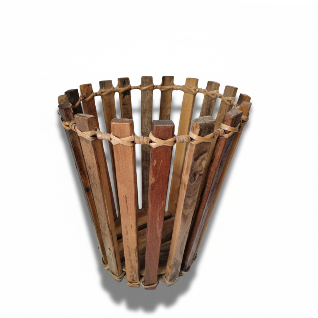 Wooden Basket - planter with a rustic design on a white background