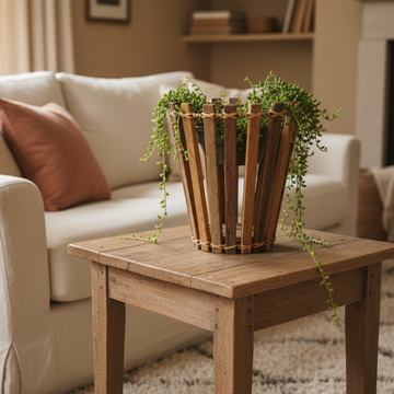 Wooden table with a plant in a decorative pot in a living room setting.