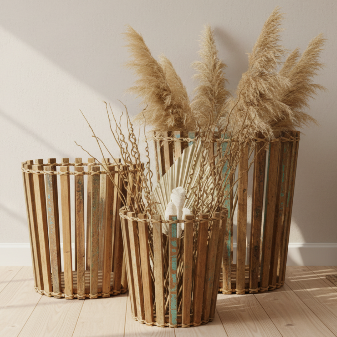 Three rustic solid wooden baskets with dried plants on a wooden floor.