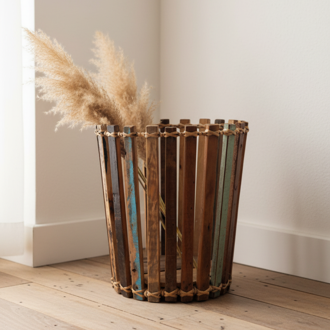 Wooden basket with decorative elements on a wooden floor