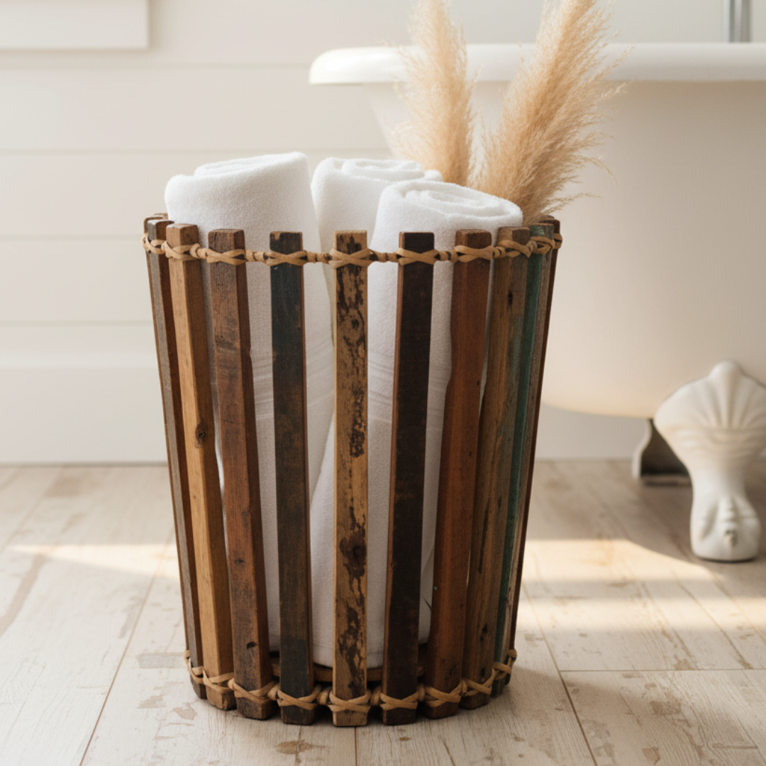 Wooden basket with white towels and decorative elements on a light wooden floor.