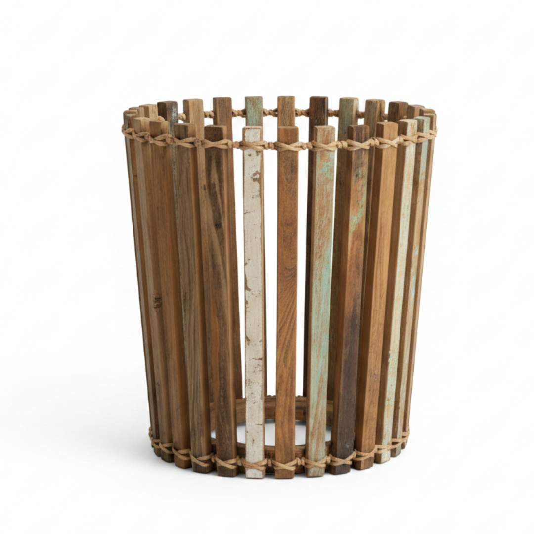 Wooden basket with vertical slats on a white background