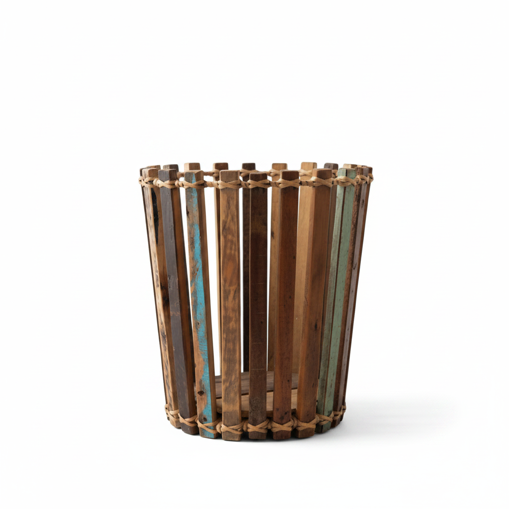 Wooden basket with slatted design on a white background