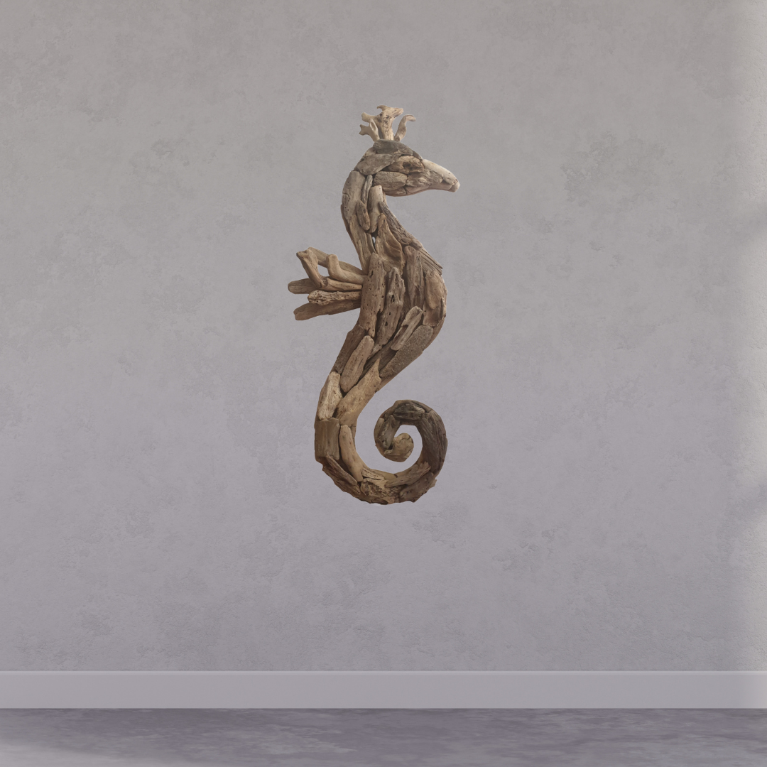 Rustic Driftwood Seahorse Wall Art – handcrafted natural driftwood seahorse, coastal wall decor