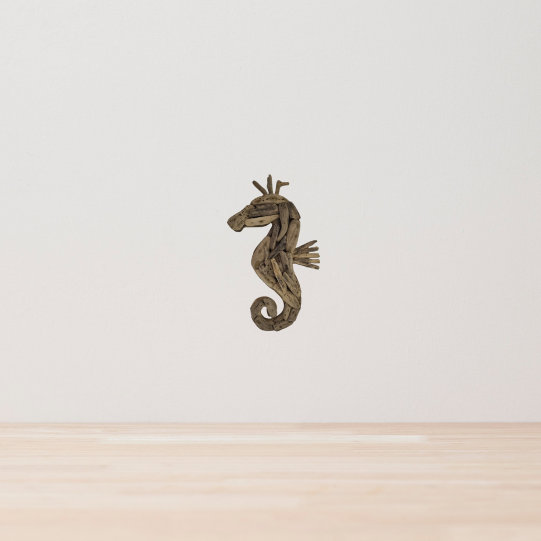 Rustic Driftwood Seahorse Wall Art – handcrafted natural driftwood seahorse, coastal wall decor