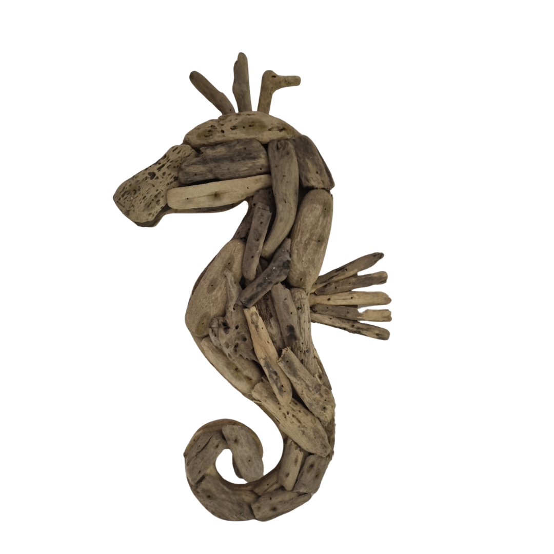 Rustic Driftwood Seahorse Wall Art – handcrafted natural driftwood seahorse, coastal wall decor