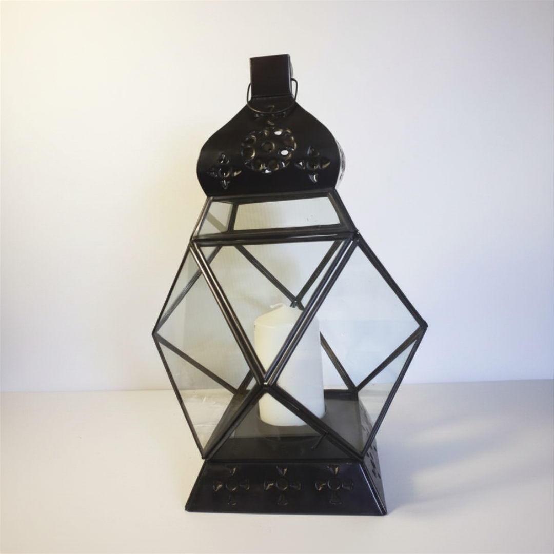  Decor Style 1 — geometric diamond-shaped glass panels, ornate floral dome top with hanging hook, and white pillar candle inside, in matte black finish on a grey background