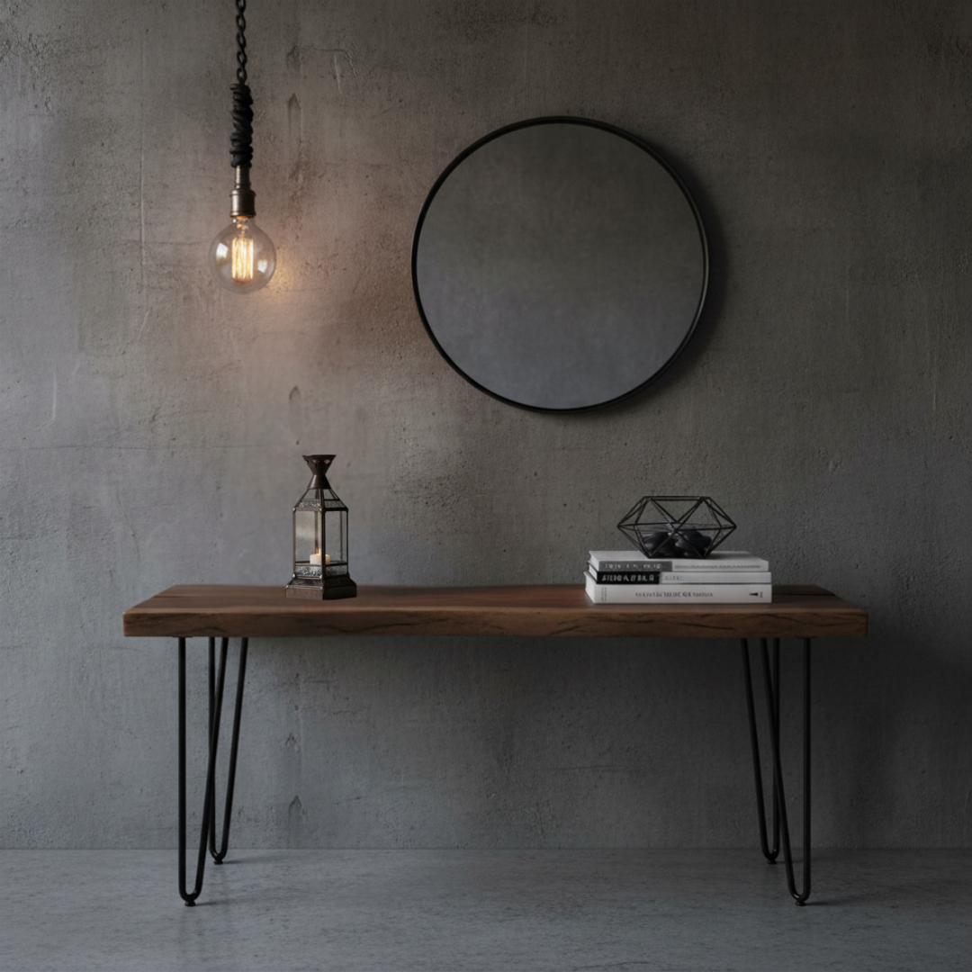 Decor Style 2 with glowing tealight candle styled on a live-edge timber console table with hairpin legs, round black mirror and Edison bulb pendant in an industrial concrete interior