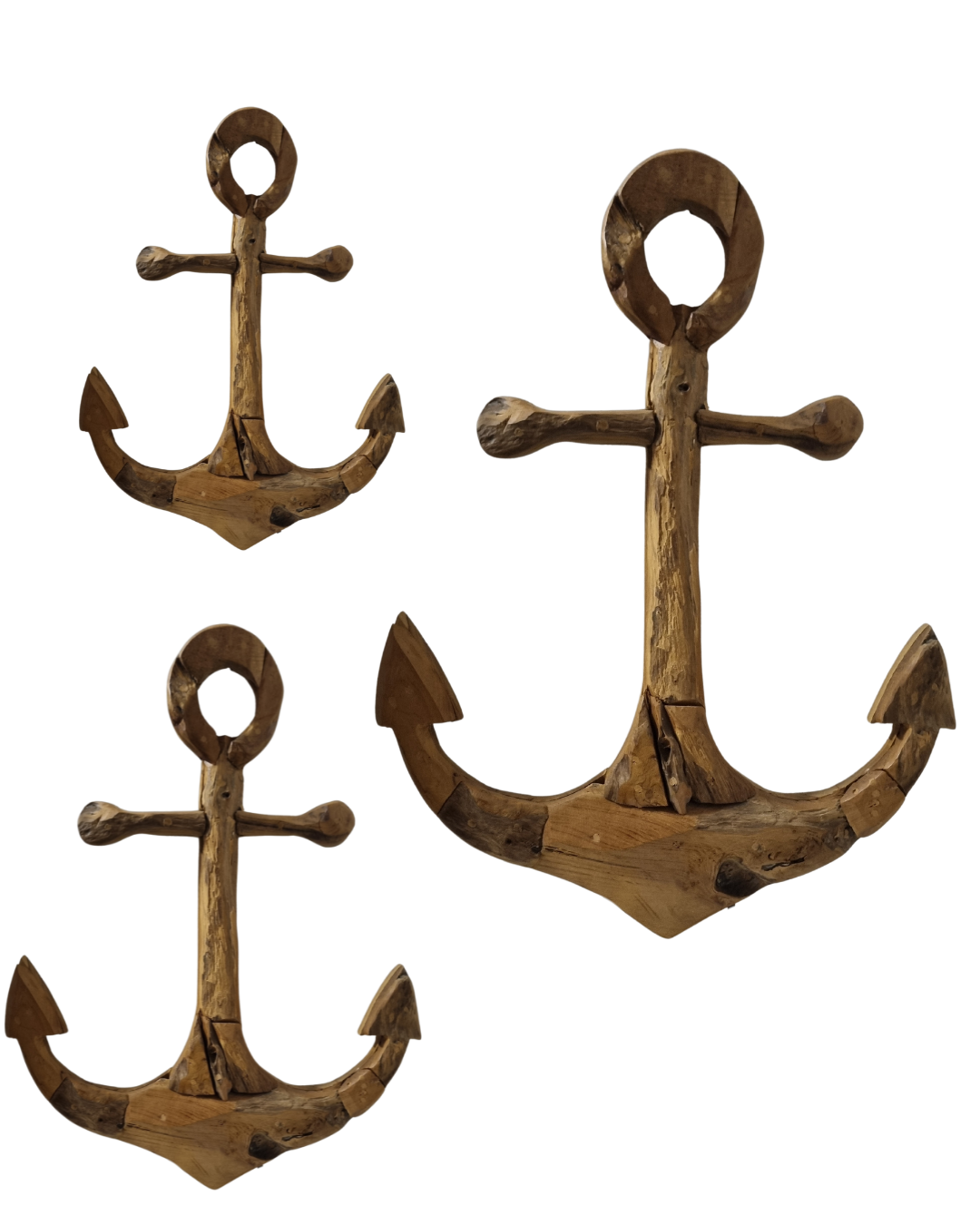 ustic Reclaimed Teak Anchors – Small, Medium and Large without Stand – handcrafted reclaimed teak wood, weathered finish on white background | Azure Decor