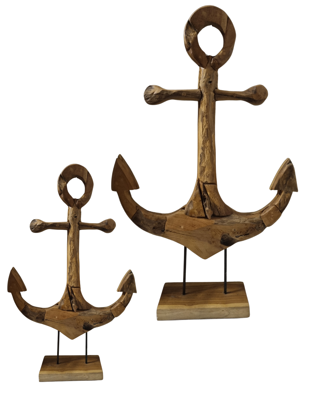 Rustic Reclaimed Teak Anchors – Large and Medium on Stand – handcrafted reclaimed teak wood displayed on white wall | Azure Decor