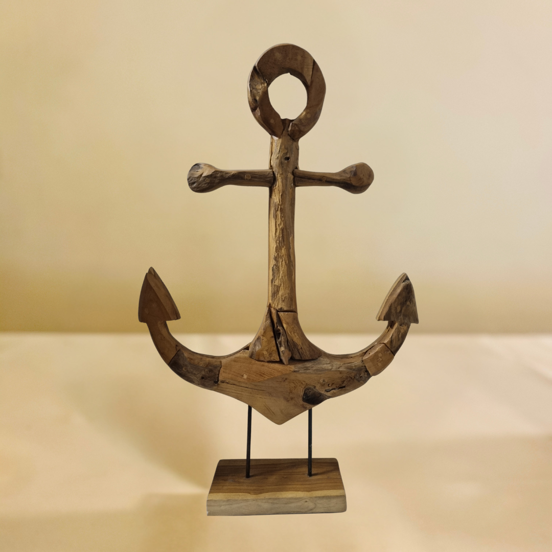 Rustic Reclaimed Teak Anchor – Medium on Stand – reclaimed teak with solid timber base | Azure Decor