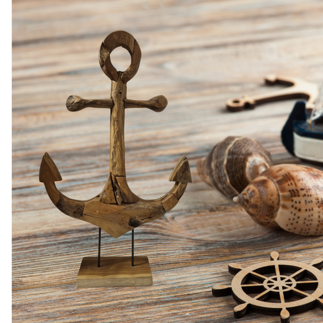 Rustic Reclaimed Teak Anchor – small on Stand – reclaimed teak with solid timber base | Azure Decor