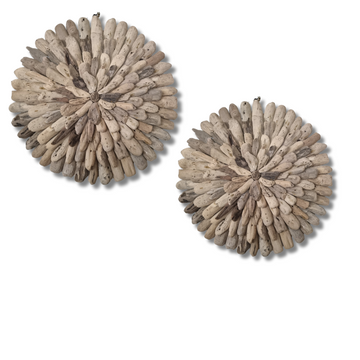 Round driftwood wall art sculpture hown in two sizes — 60x60cm and 50x50cm — natural driftwood wall sculptures for coastal and boho interiors by Azure Decor  