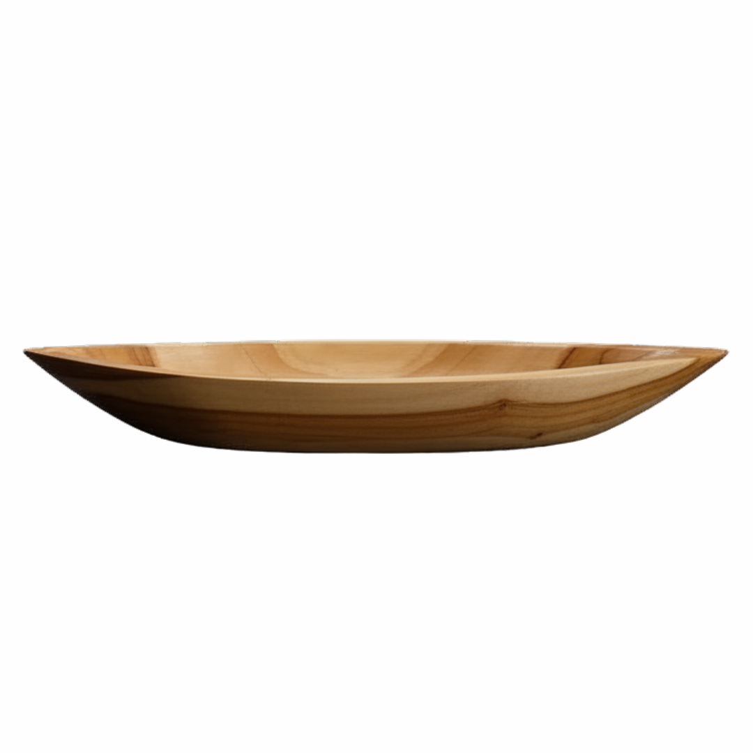 Natural teak wood boat tray viewed from above showing smooth timber grain on white background