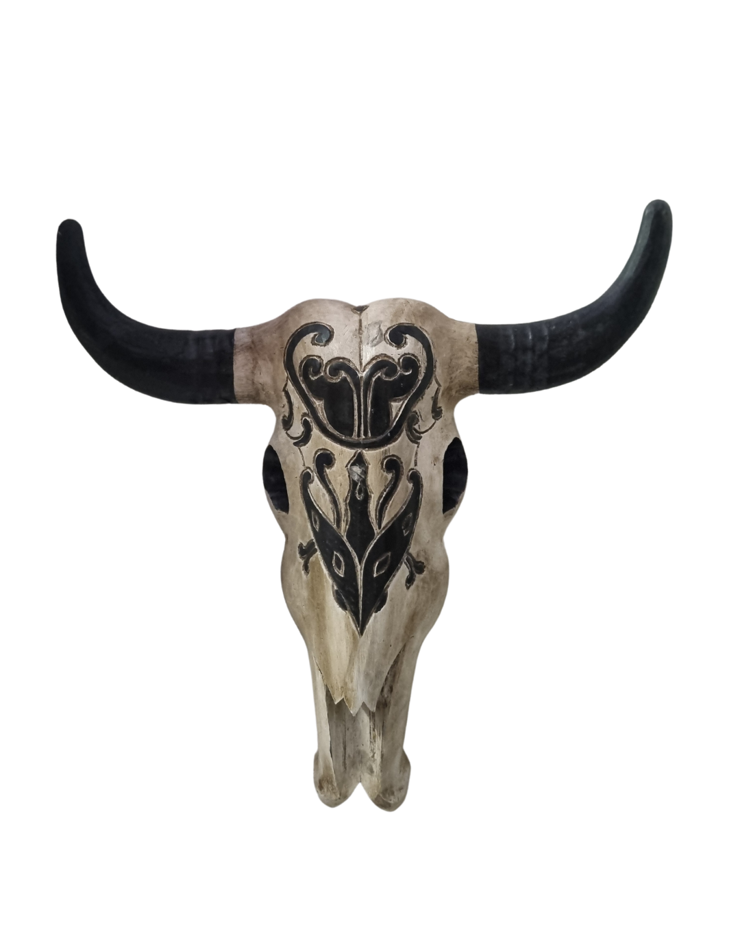 Large rustic tones piece with bold sweeping horns, front-facing on white