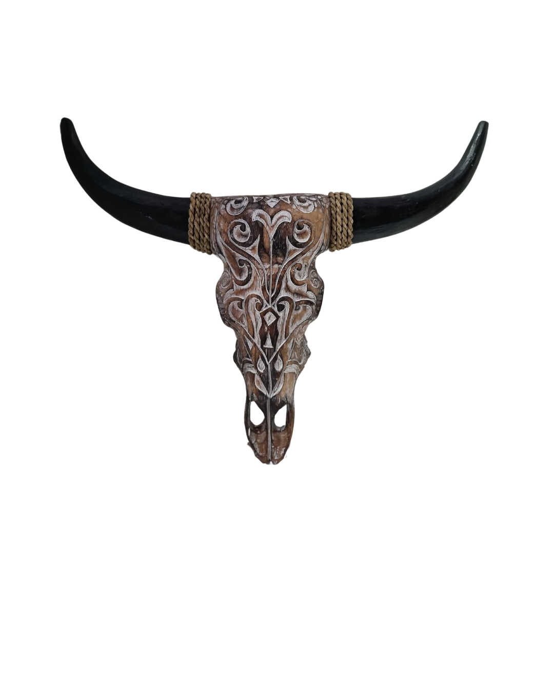 Brown wash finish piece with dark curved tips and rope wrapping, 49×49cm span 