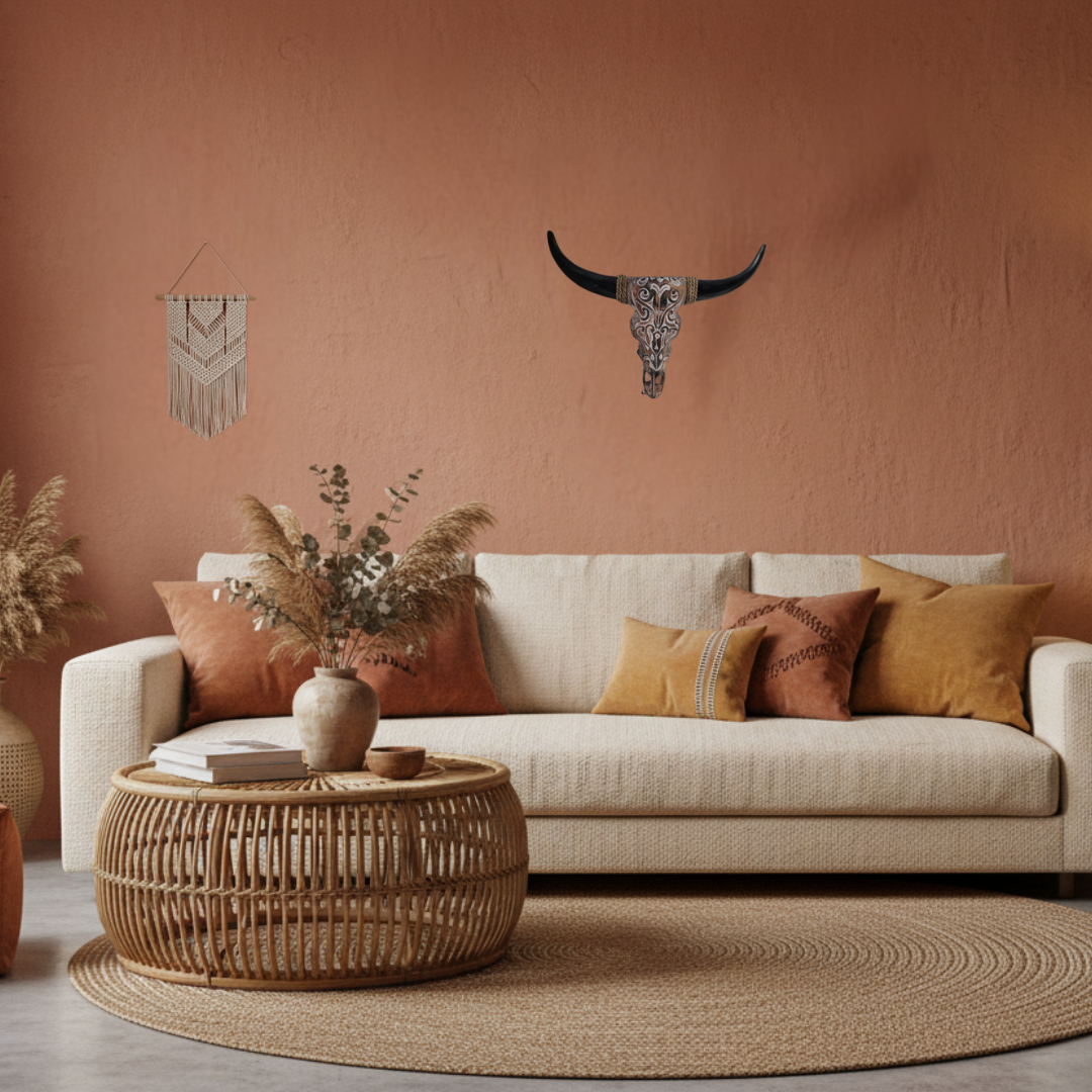 Brown wash tribal piece with black horns, 49×49cm, styled in a warm rustic living room