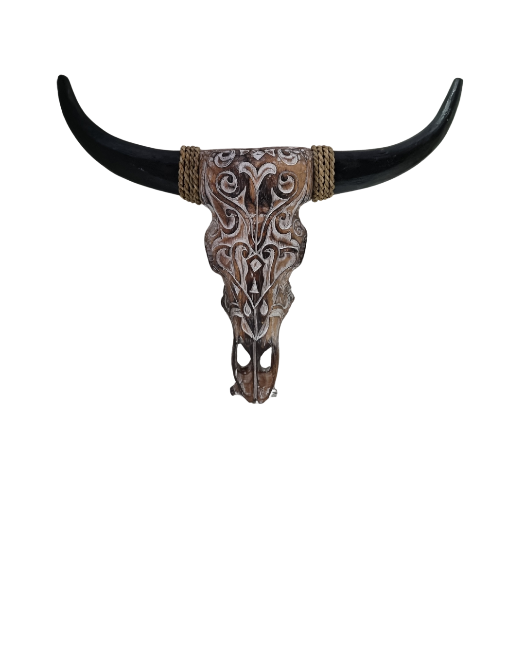 Brown wash tribal pattern piece with dark horns – Azure Decor