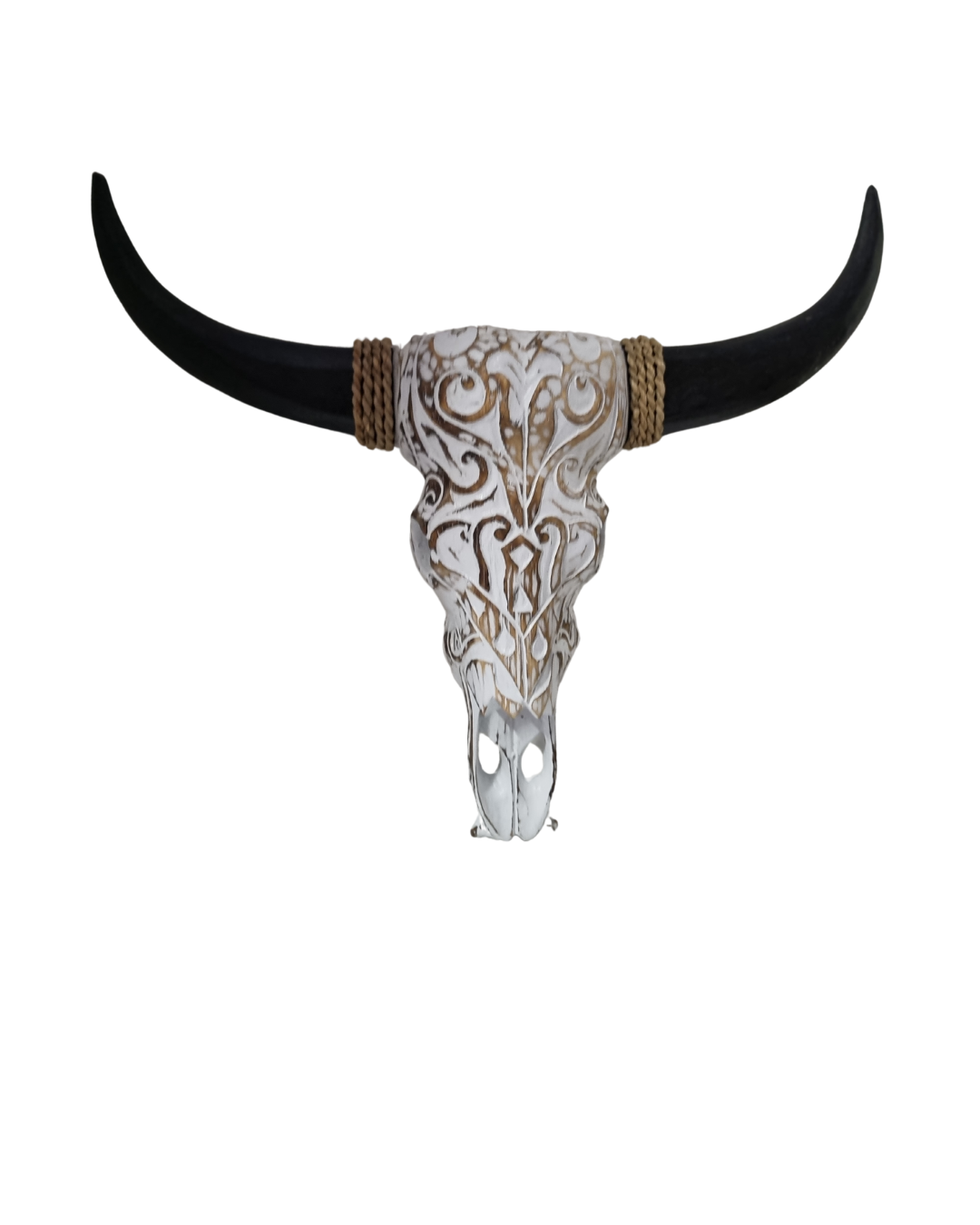 Compact whitewash piece with rope detail at horn base, 49×49cm span, 49×49cm overall, face 30×17cm