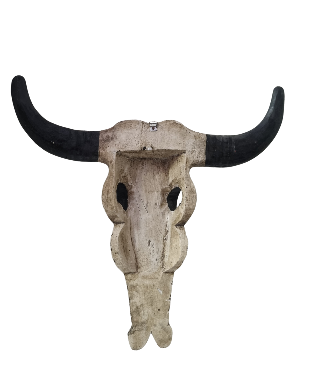 Back view showing hanging hook and natural construction with black horns
