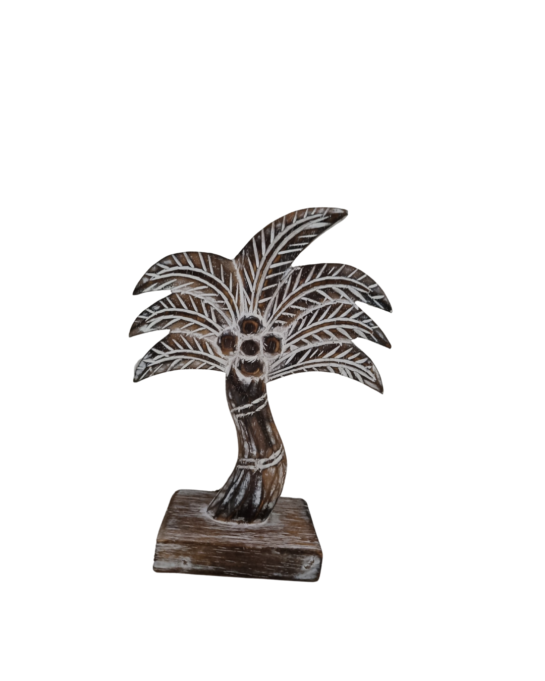 A set of three rustic wooden palm trees in varying sizes, all with a distressed brown finish.