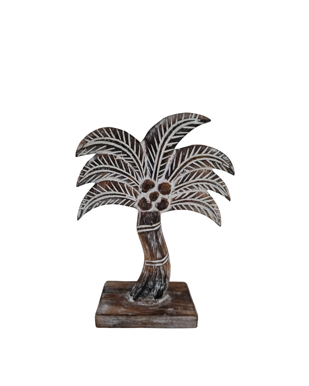 A rustic wooden palm trees in varying sizes, all with a distressed brown finish.