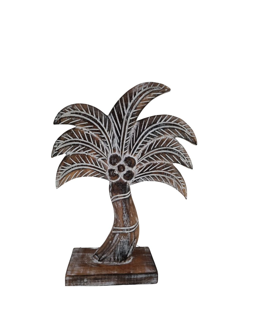 A rustic wooden palm trees in varying sizes, all with a distressed brown finish.