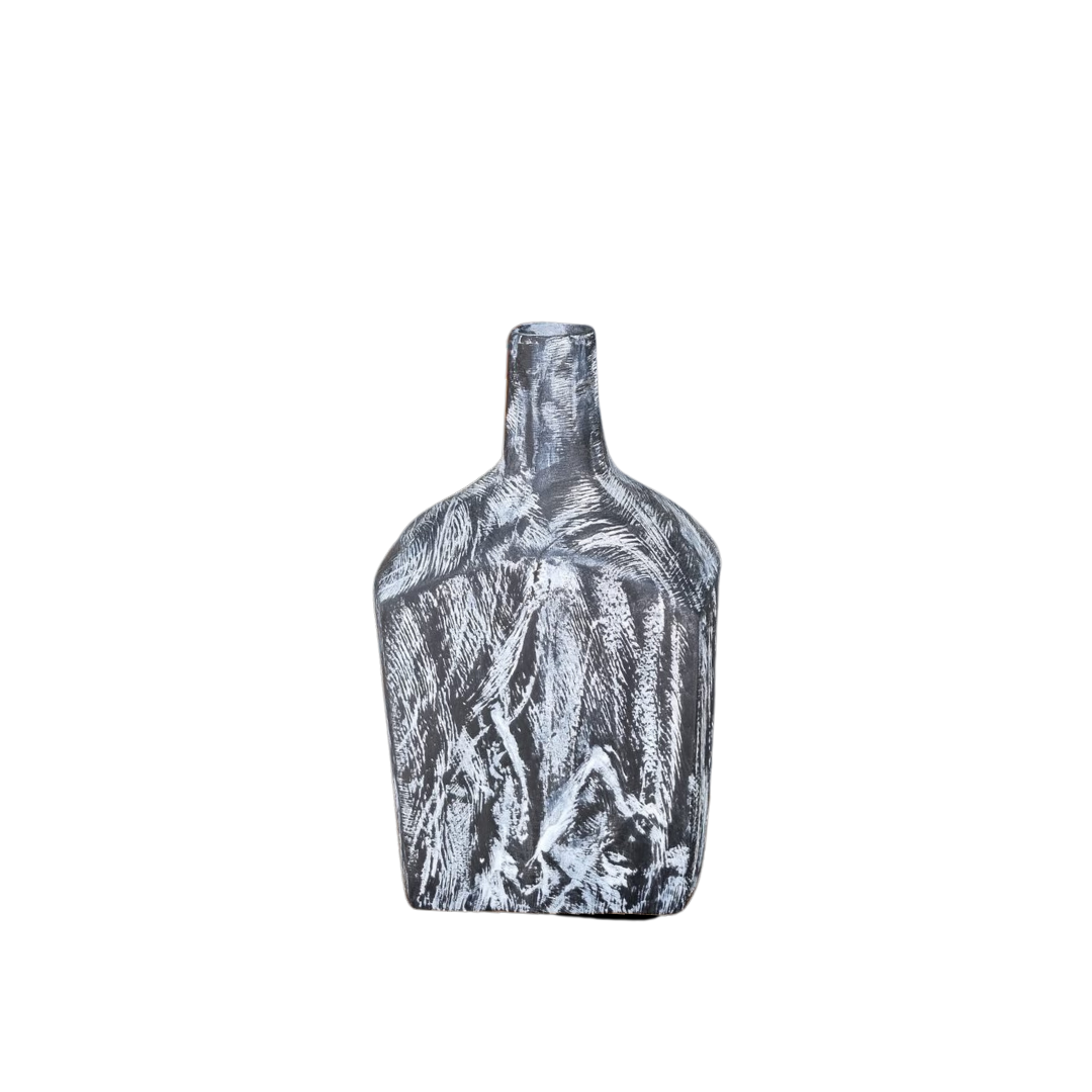 Handcrafted large black timber bottle decor with white carved grain detail — Midnight Timber Bottle Decor 21 x 12cm