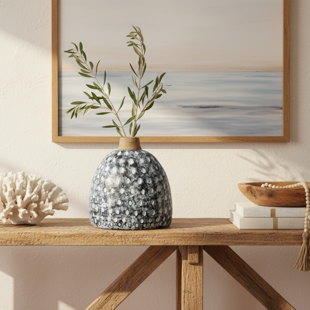 black wash dome-shaped vase with white dry-brush distressing and raised oval dots, jute rope collar, styled on a timber console with dried olive branches and coastal accessories