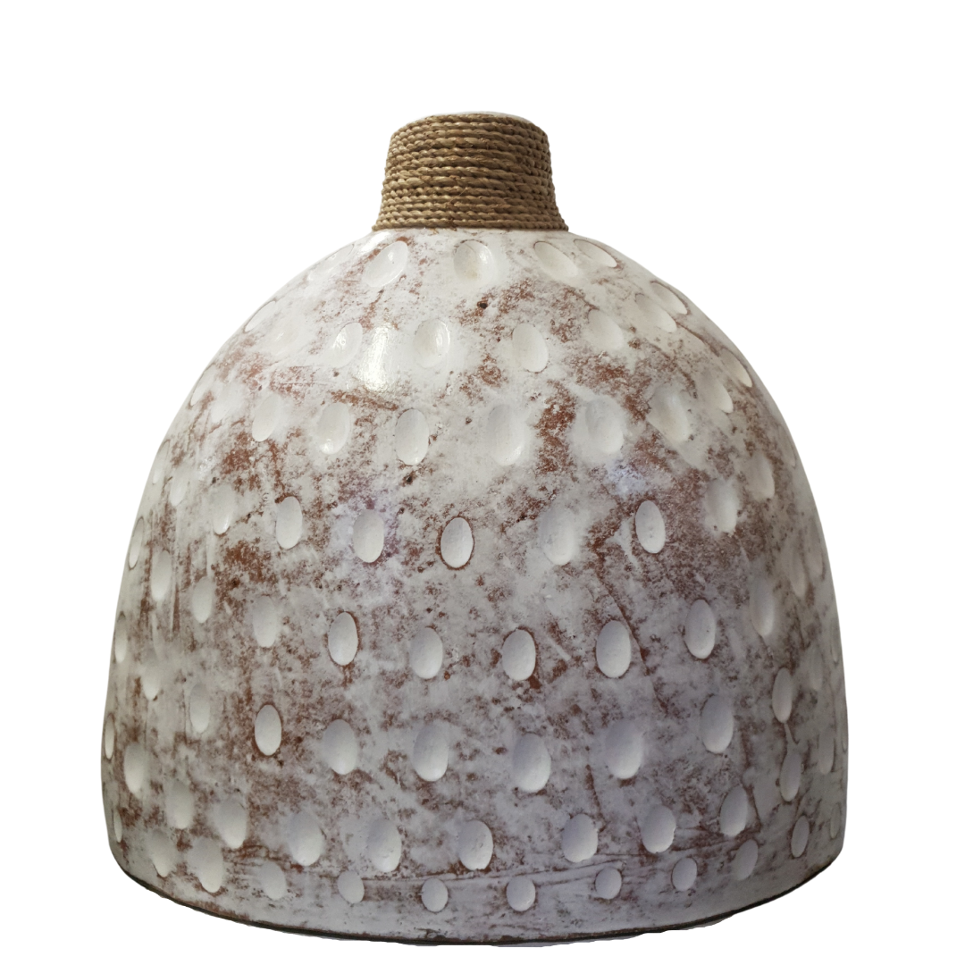 Terricotta table top vase with a black and white wash finish and a jute rope detail on the top.