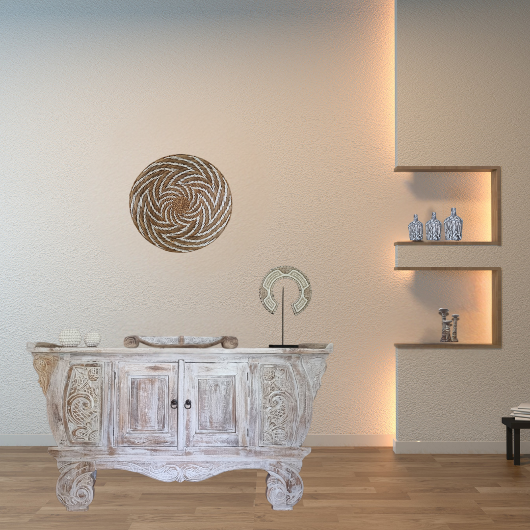 Seagrass spiral wall art styled in Hamptons living room above whitewashed carved sideboard – coastal boho wall décor Australia