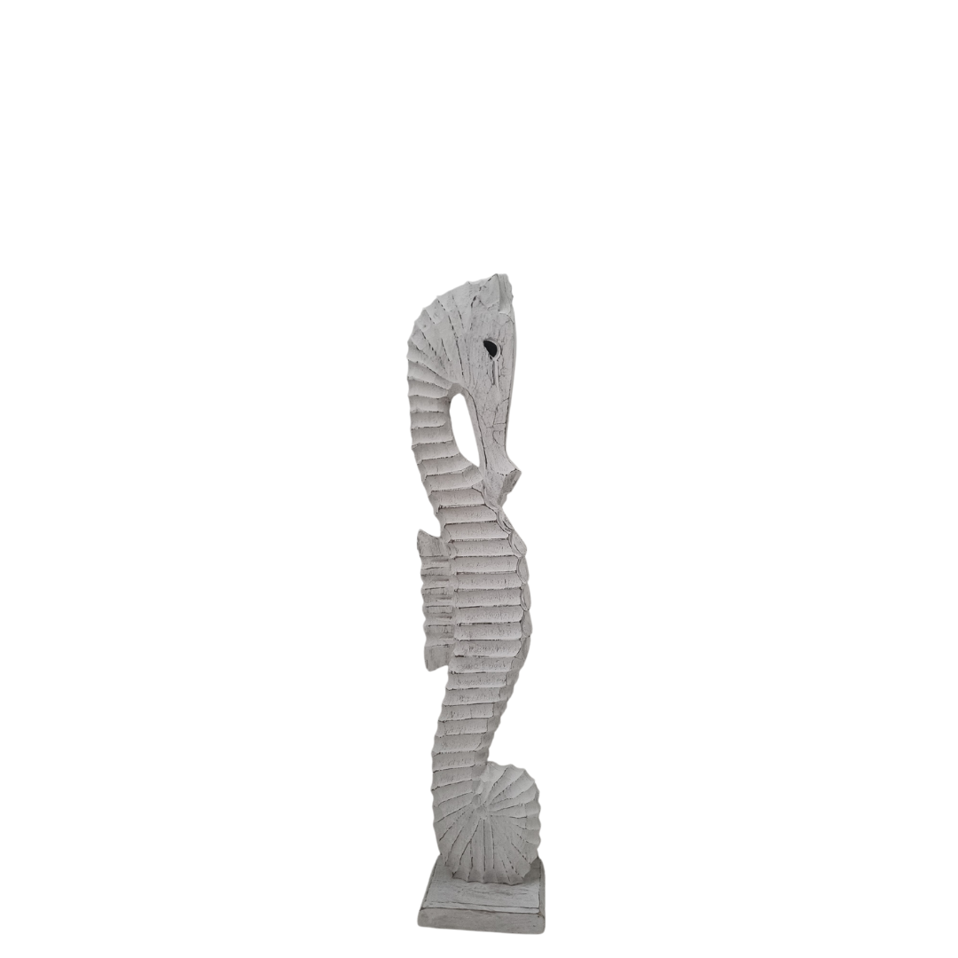 Medium side Seahorse Wooden Carved Statue on a white wall 