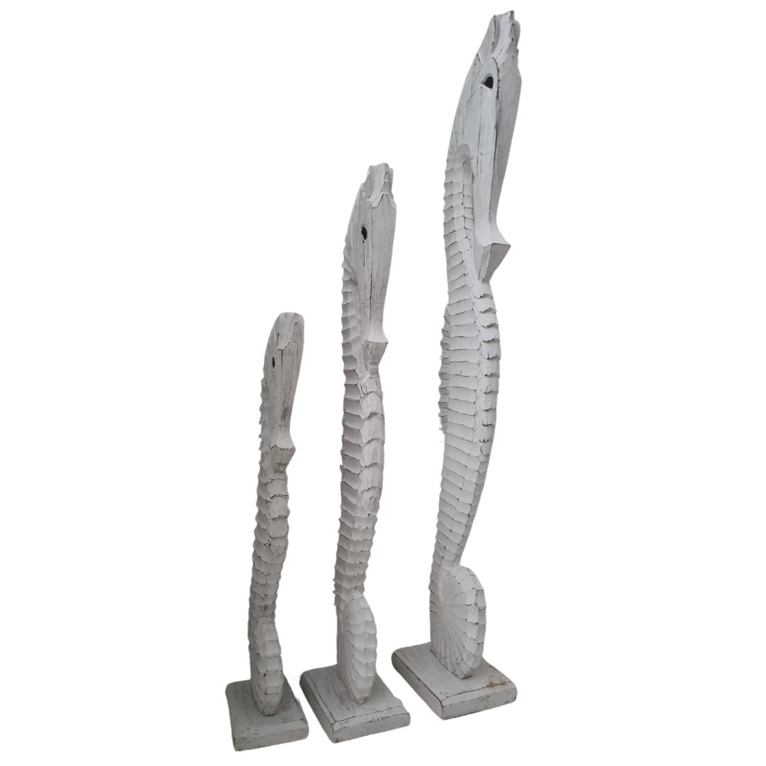 front - side view of a set of 3 wooden seahorse statues