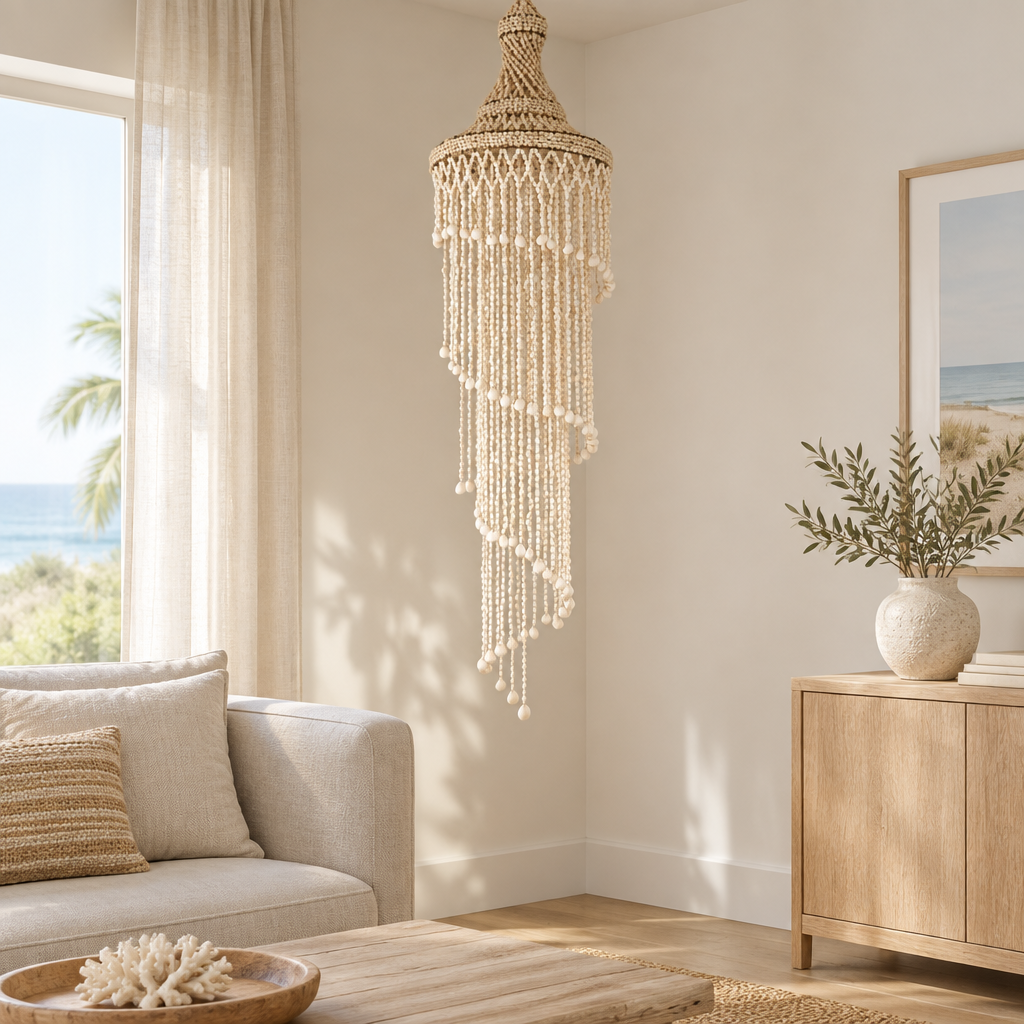 Shell_Chandelier_Spiral_Design
Cream shell strands hanging beside a linen sofa and pale timber cabinet in a sunlit room
