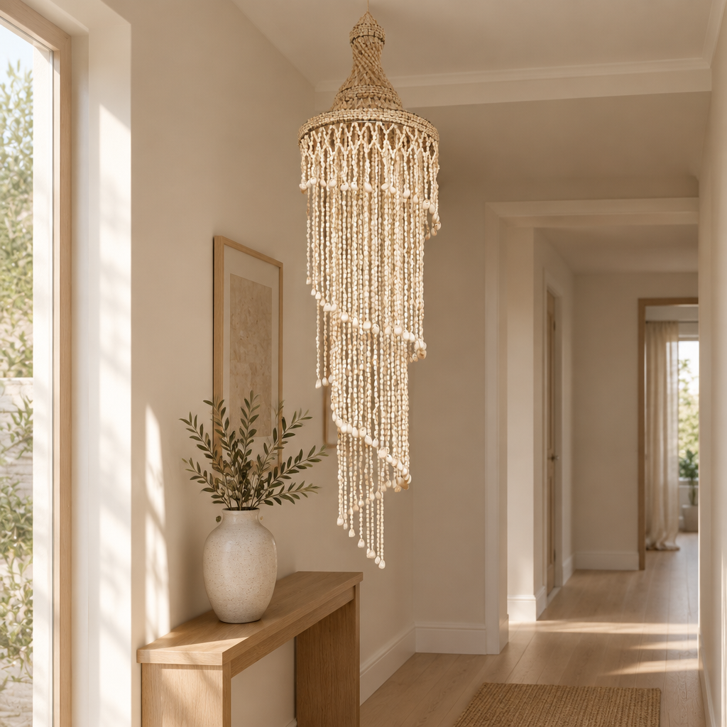 Warm cream shell strands hanging beside a timber console in a sunlit hallway