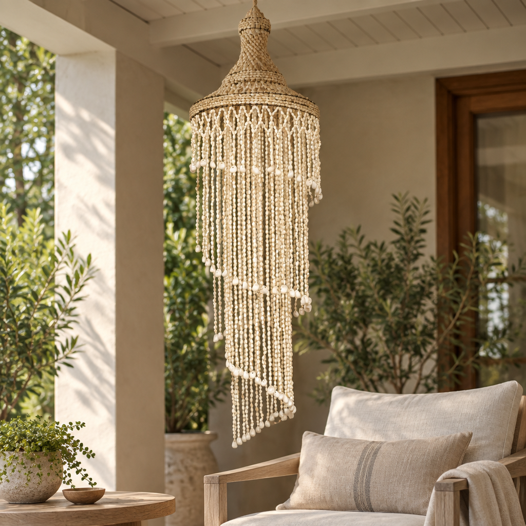 Shell Chandelie  Spiral Design Cream shell strands hanging beside a linen chair in a sheltered seating area