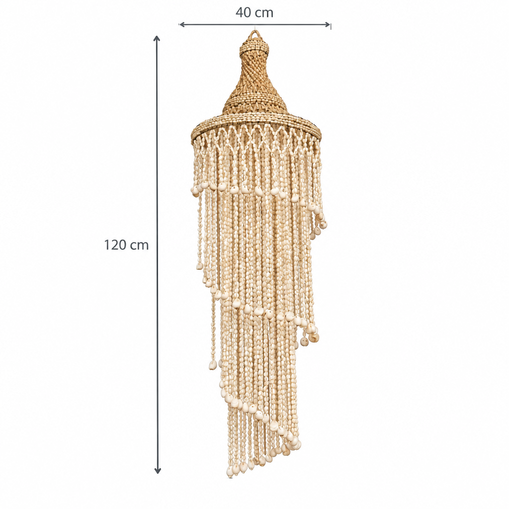 Dimension guide showing the cream shell hanging at 120 cm long and 40 cm wide against a white background
