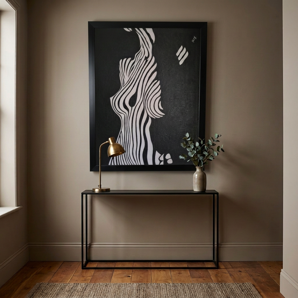 Black-and-white flowing silhouette artwork above a slim black console, styled with a brass lamp and a vase of leafy stems.