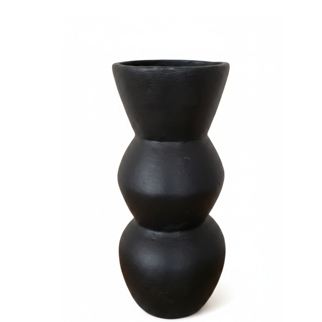 Slender hand painted terracotta vase in matte white with sculptural stacked bubble form, white background