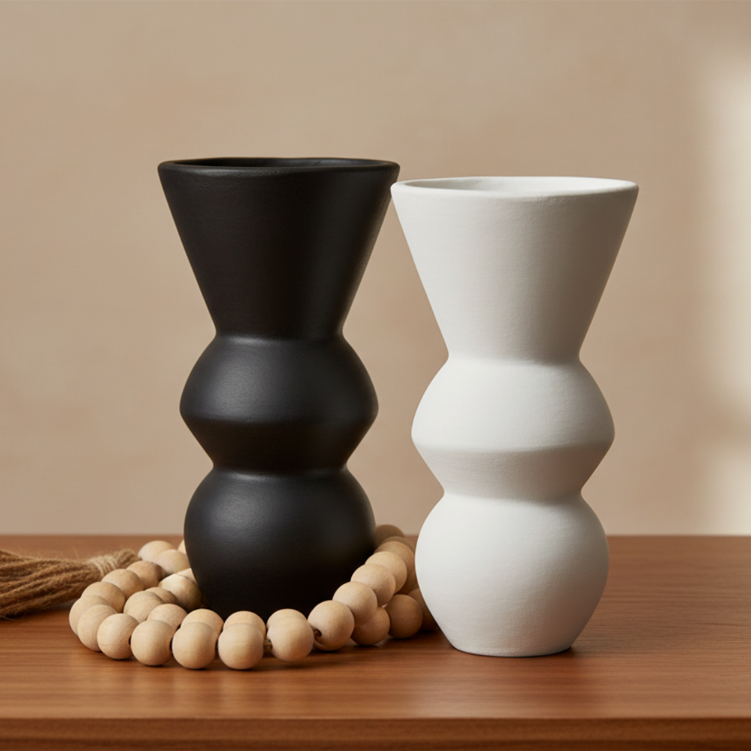 Matte white and matte black decorative objects styled together on a timber surface with wooden bead garlands in a contemporary home setting